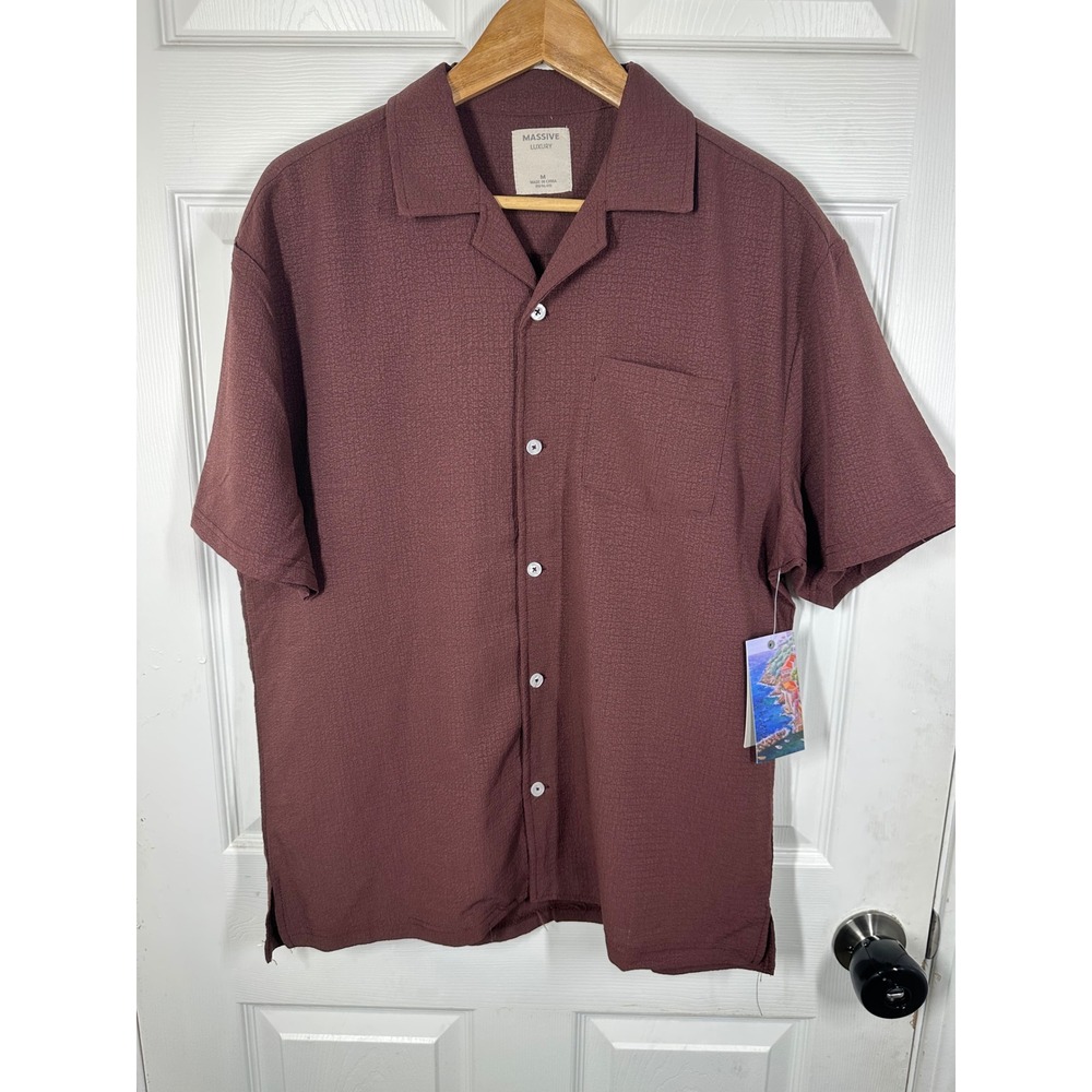 Massive Luxury Shirt Mens M Burgundy Crinkle Camp Collar Short Sleeve Button